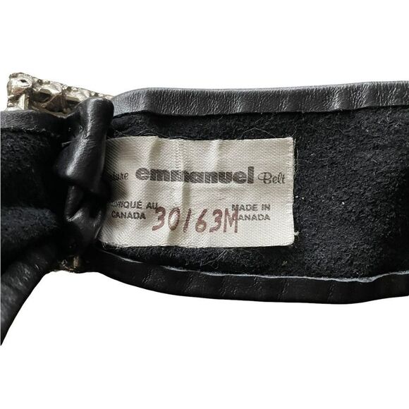 EMMANUEL Vintage Black Leather Belt Faux White Stone Buckle Made In Canada XS/S - Picture 3 of 4